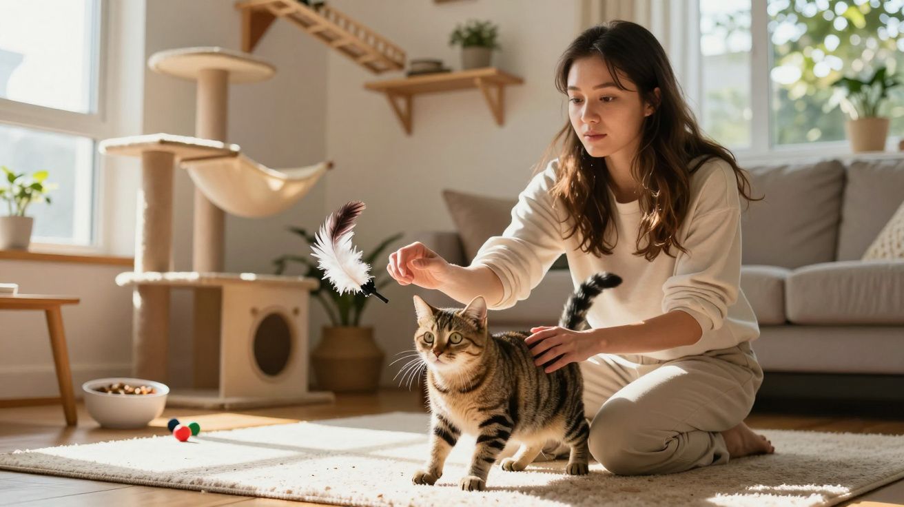 Mulher sentada no tapete brinca com gato usando brinquedo de pena em sala iluminada.