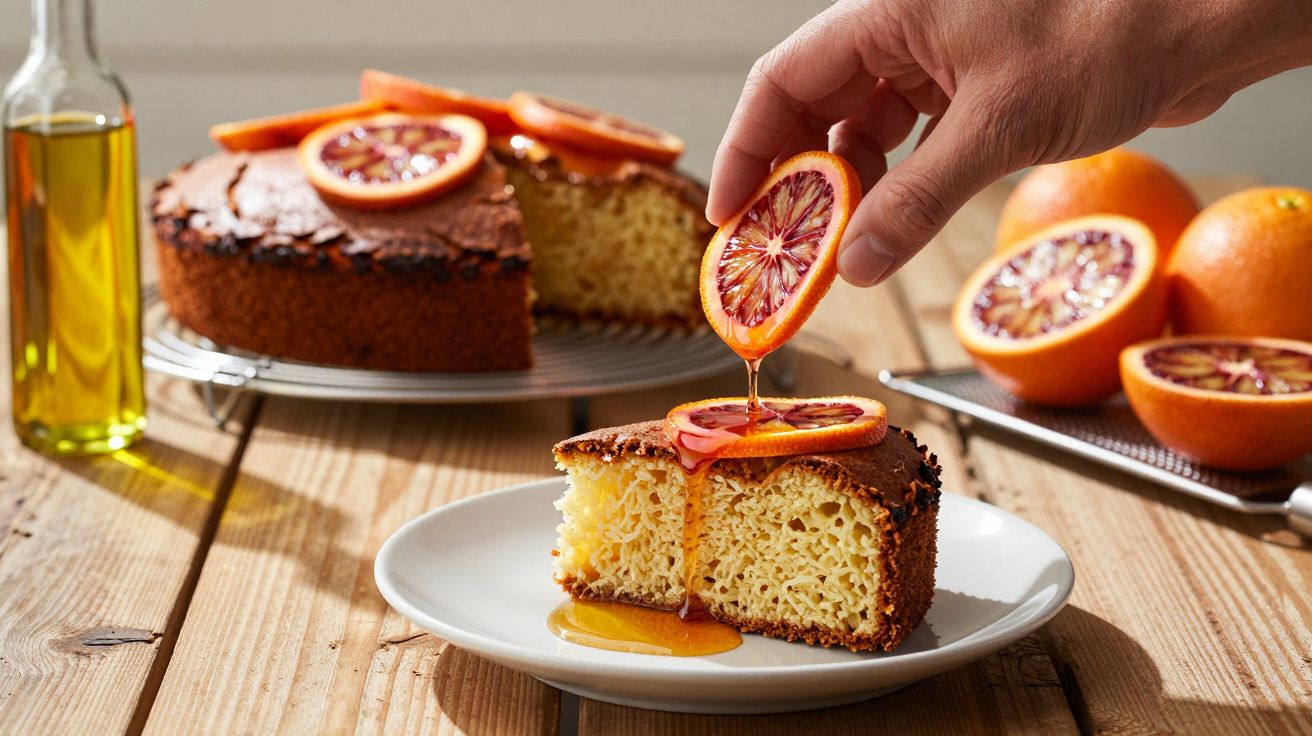 Fatia de bolo com fatias de laranja sanguínea e mel sendo derramado por uma mão, ao fundo bolo inteiro.