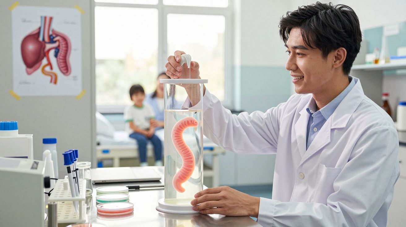 Cientista em laboratório segurando modelo de órgão humano em recipiente com líquido transparente.