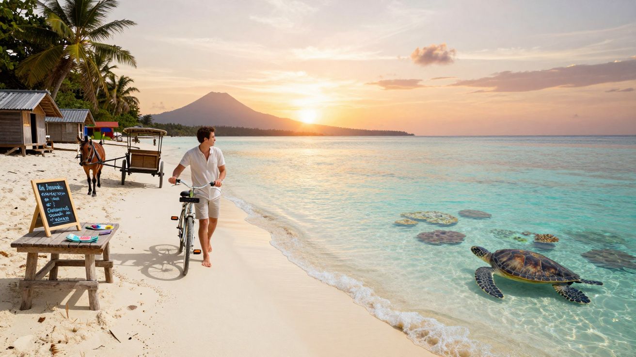 Homem caminhando com bicicleta na praia ao pôr do sol, com tartaruga marinha no mar cristalino.