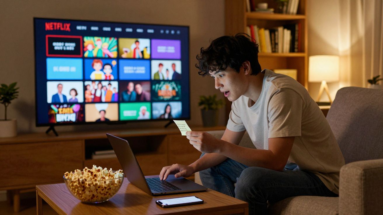 Jovem sentado no sofá com laptop e papel, escolhendo série na Netflix com tigela de pipoca na mesa.