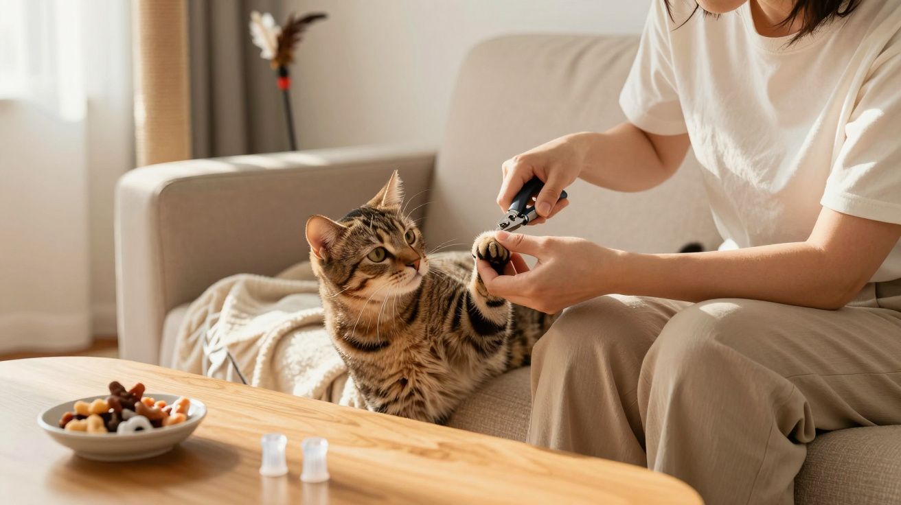 Pessoa cortando as unhas de um gato marrom com listras sentado no sofá da sala.