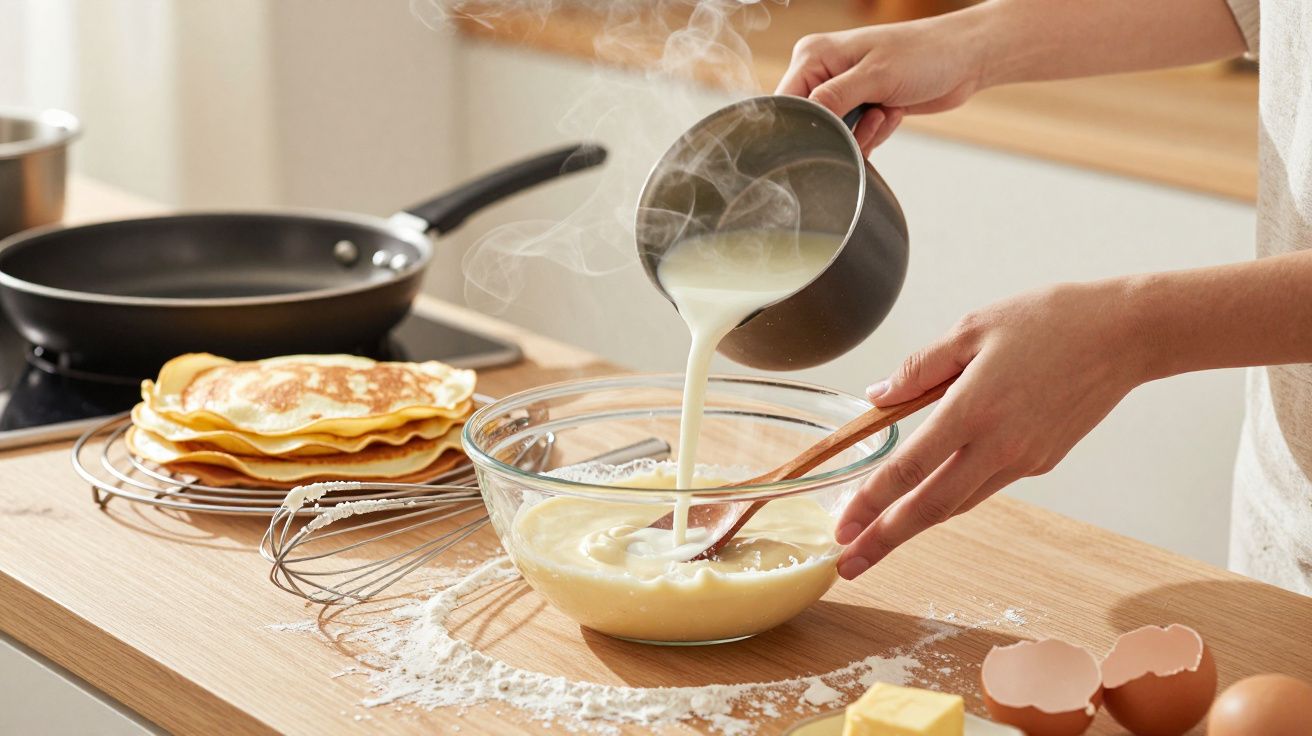 Pessoa despejando mistura quente em tigela com massa para panquecas em bancada de madeira na cozinha.
