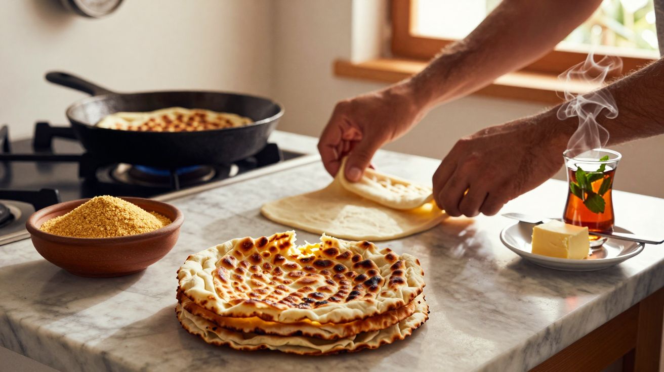 Mãos preparando pão achatado ao lado de fogo, cuscuz em tigela, manteiga e chá quente na mesa de mármore.