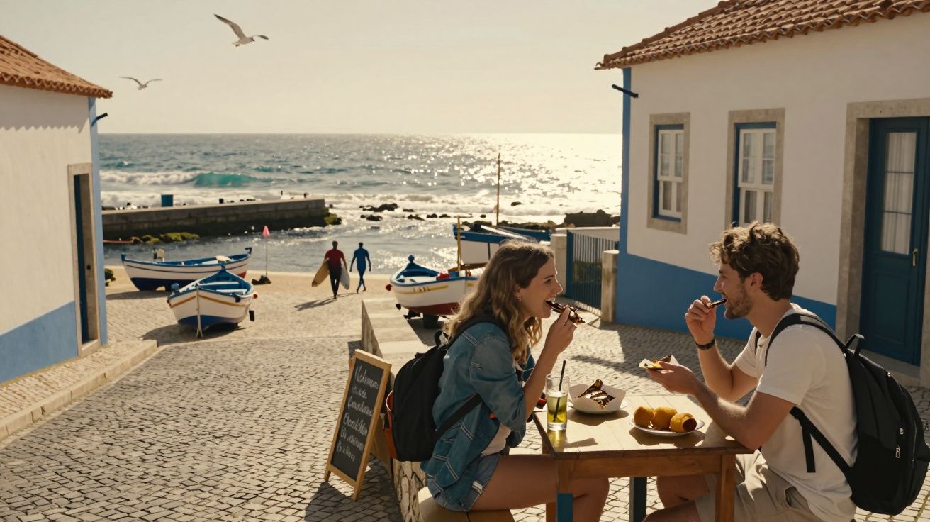 Casal jovem comendo em mesa à beira-mar em vila de pescadores com barcos e surfistas ao fundo.