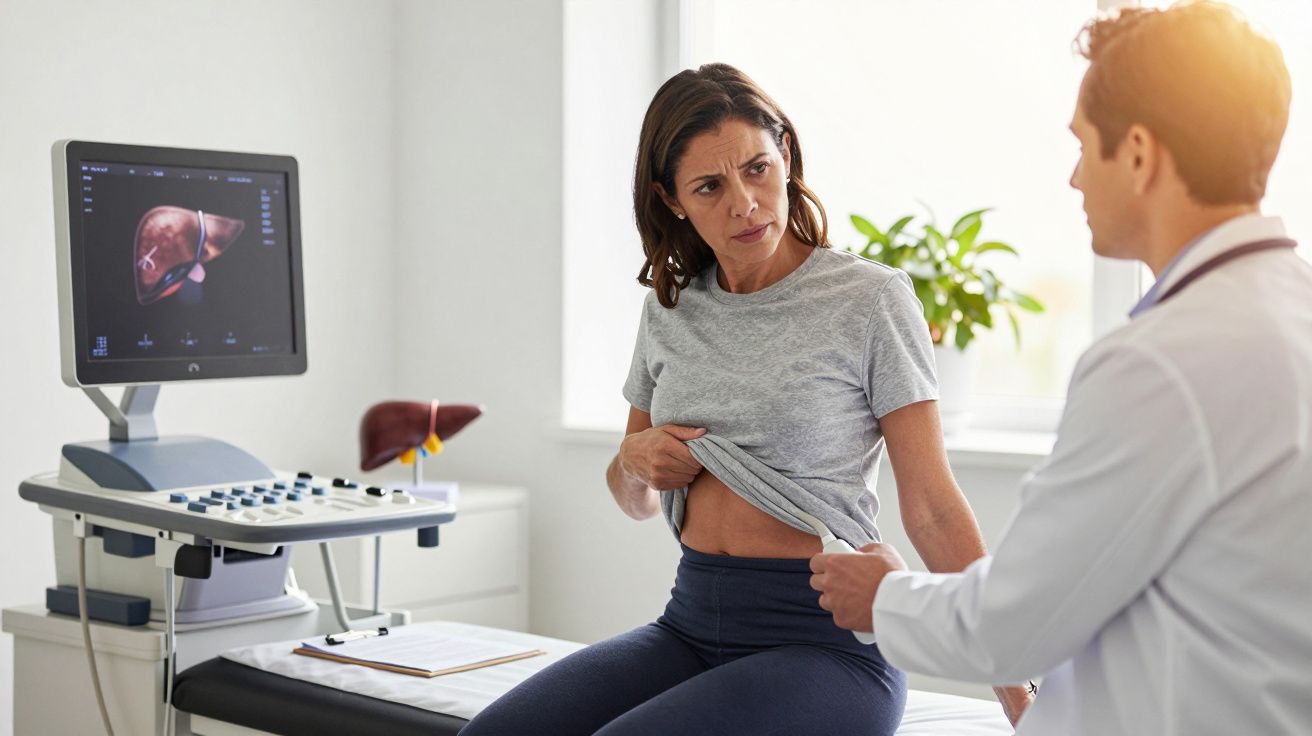 Paciente mulher revela abdômen para médico durante consulta em clínica com imagem de fígado na tela do ultrassom.