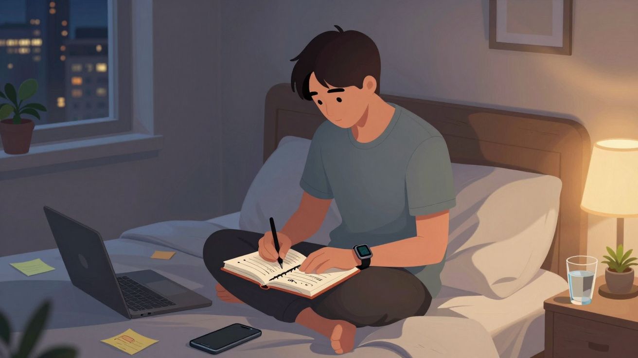 Jovem sentado na cama à noite escrevendo em caderno, com laptop aberto e celular ao lado.