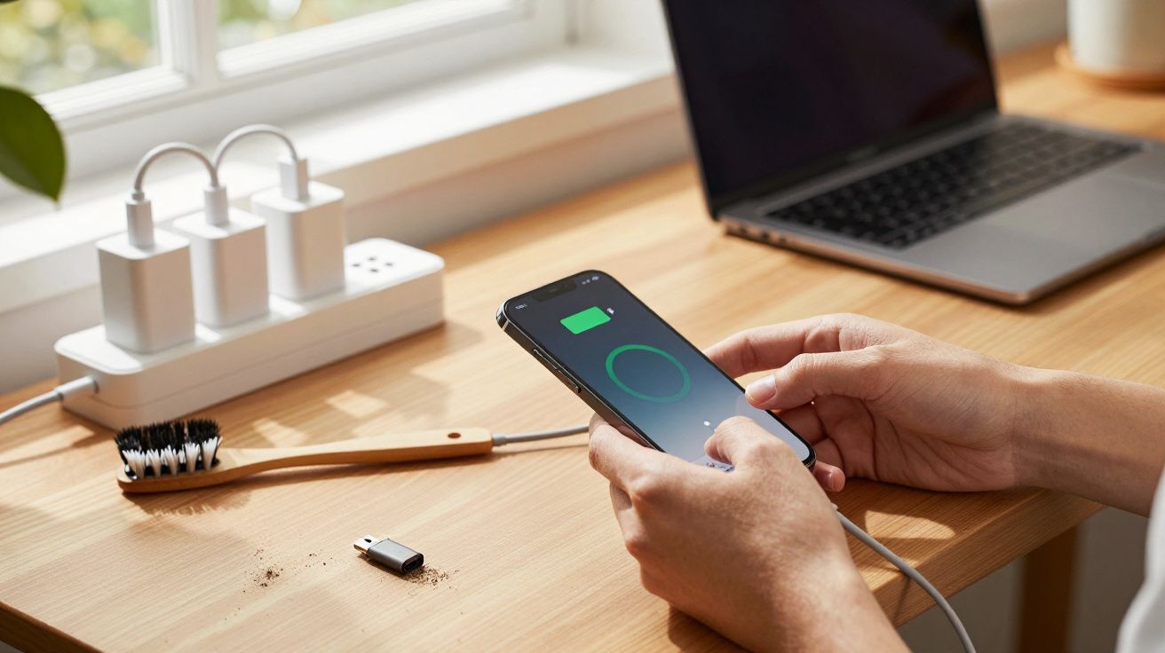 Pessoa segurando celular carregando em mesa com escova, adaptador, notebook e carregadores USB.
