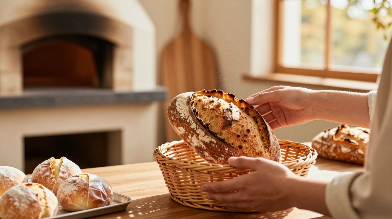 Mãos colocando pão artesanal quente em cesta de vime sobre mesa de madeira, forno ao fundo, luz natural.