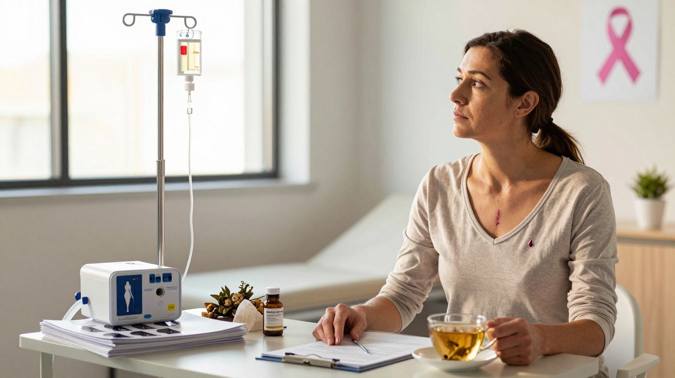 Mulher com cicatriz no peito tomando chá e lendo documentos em ambiente clínico com equipamento de soro ao lado.