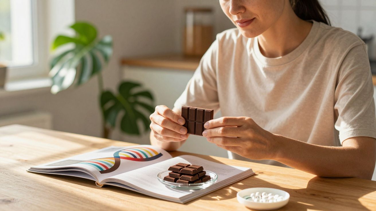 Mulher segurando pedaço de chocolate perto de livro aberto com ilustração de DNA em mesa de madeira.