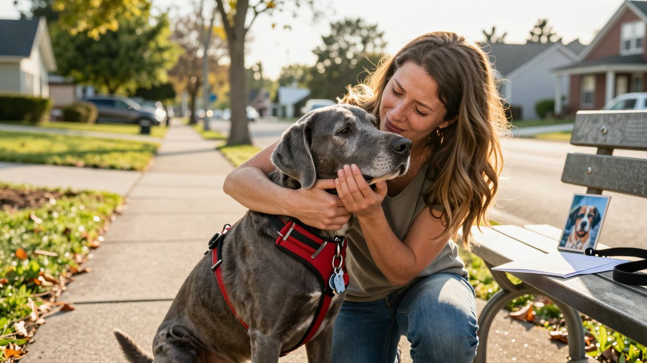 Mulher agachada abraçando cachorro cinza grande com coleira vermelha em calçada residencial ao entardecer.