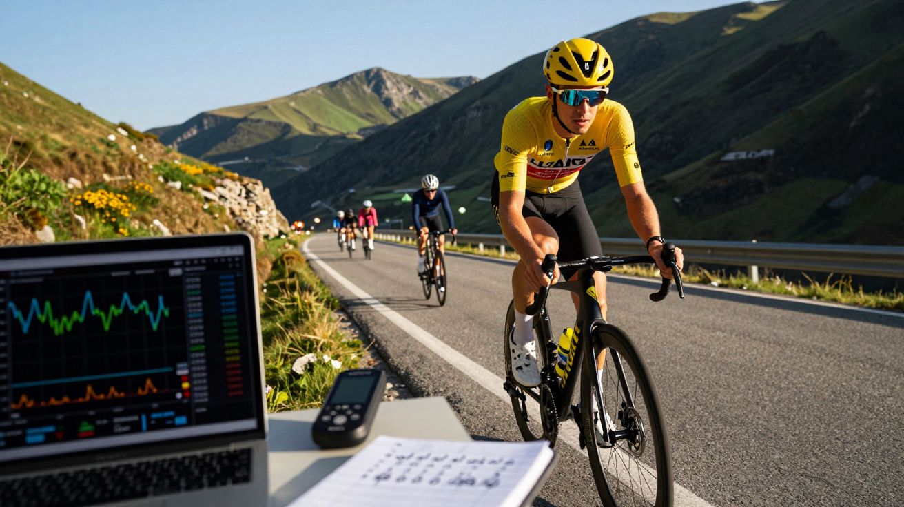 Ciclistas em competição em estrada de montanha, com laptop e anotações à beira da pista.