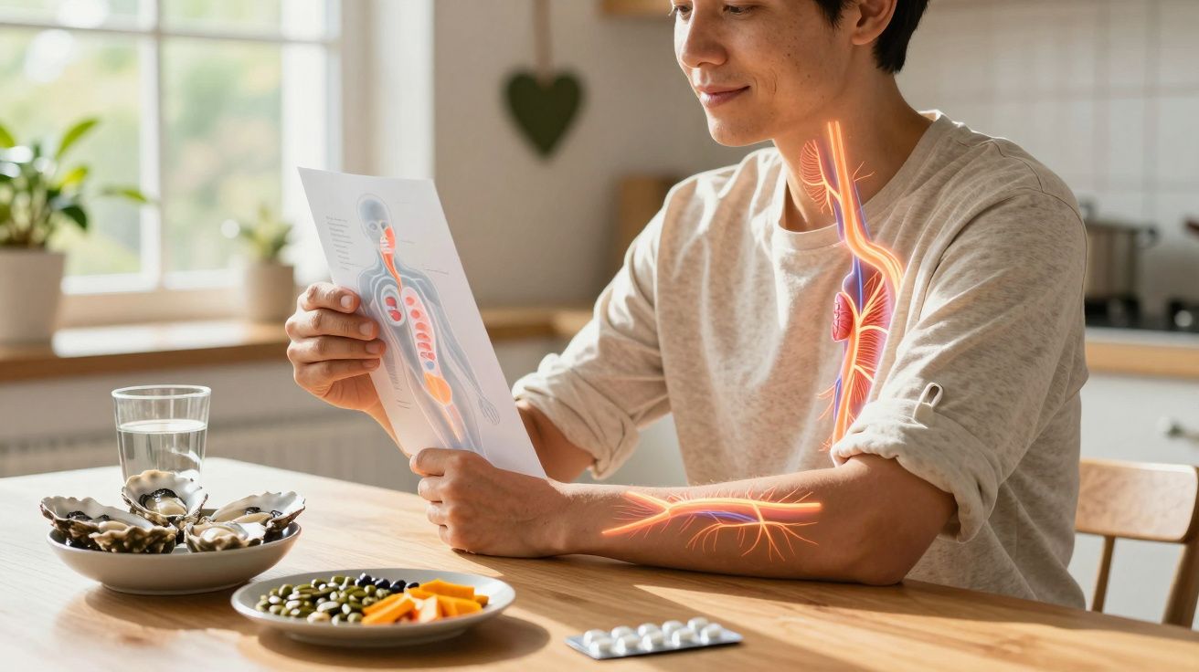 Pessoa lendo folheto sobre anatomia do sistema digestivo com alimentos e remédios na mesa.
