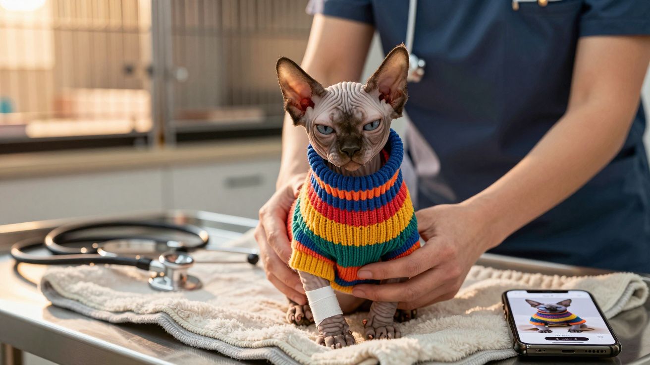 Gato Sphynx com suéter colorido sendo examinado por veterinário em clínica, com celular ao lado.