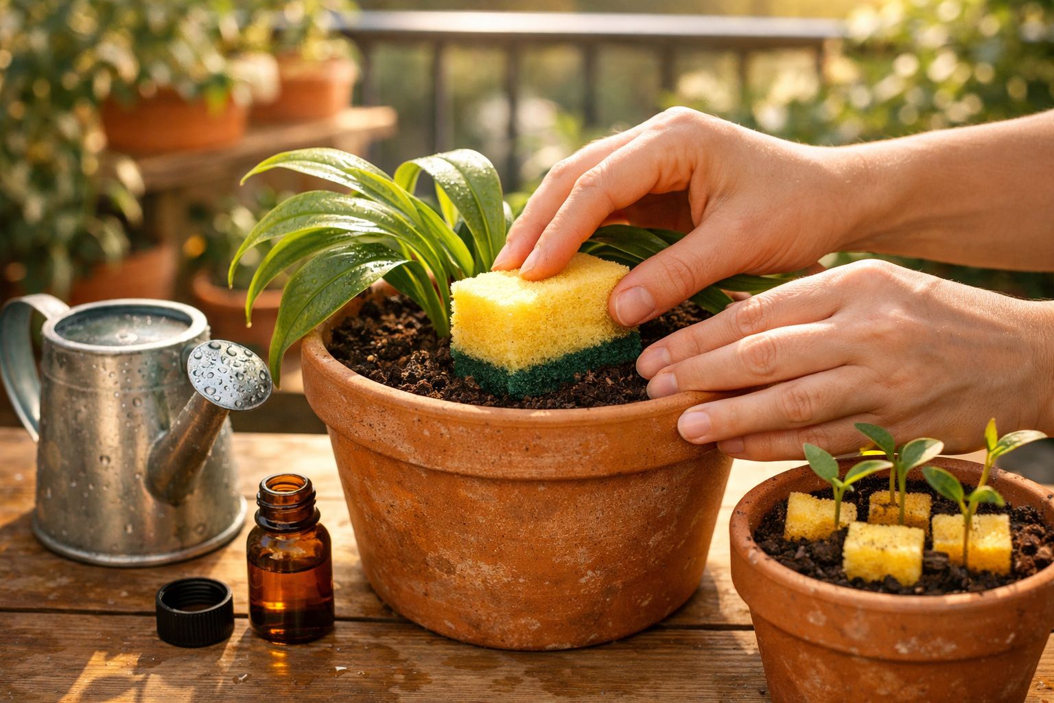 Mãos cuidando de planta em vaso com esponja, regador e frasco sobre mesa de madeira.