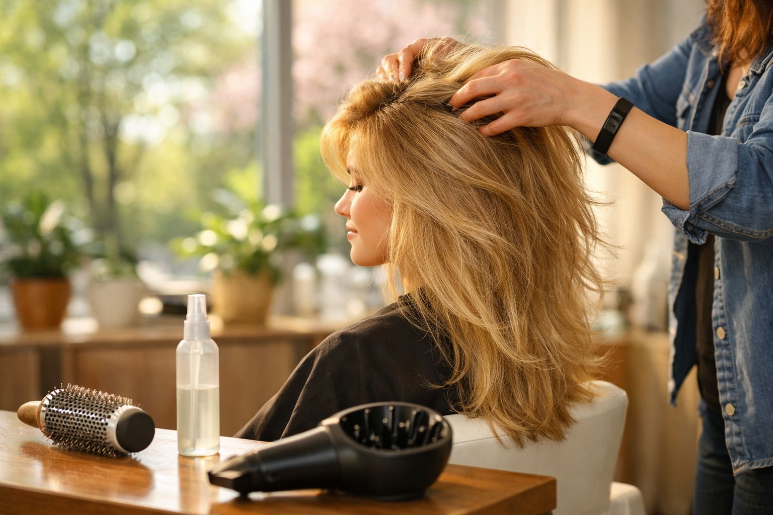 Mulher loira recebendo penteado em salão de beleza com secador e escova na mesa.