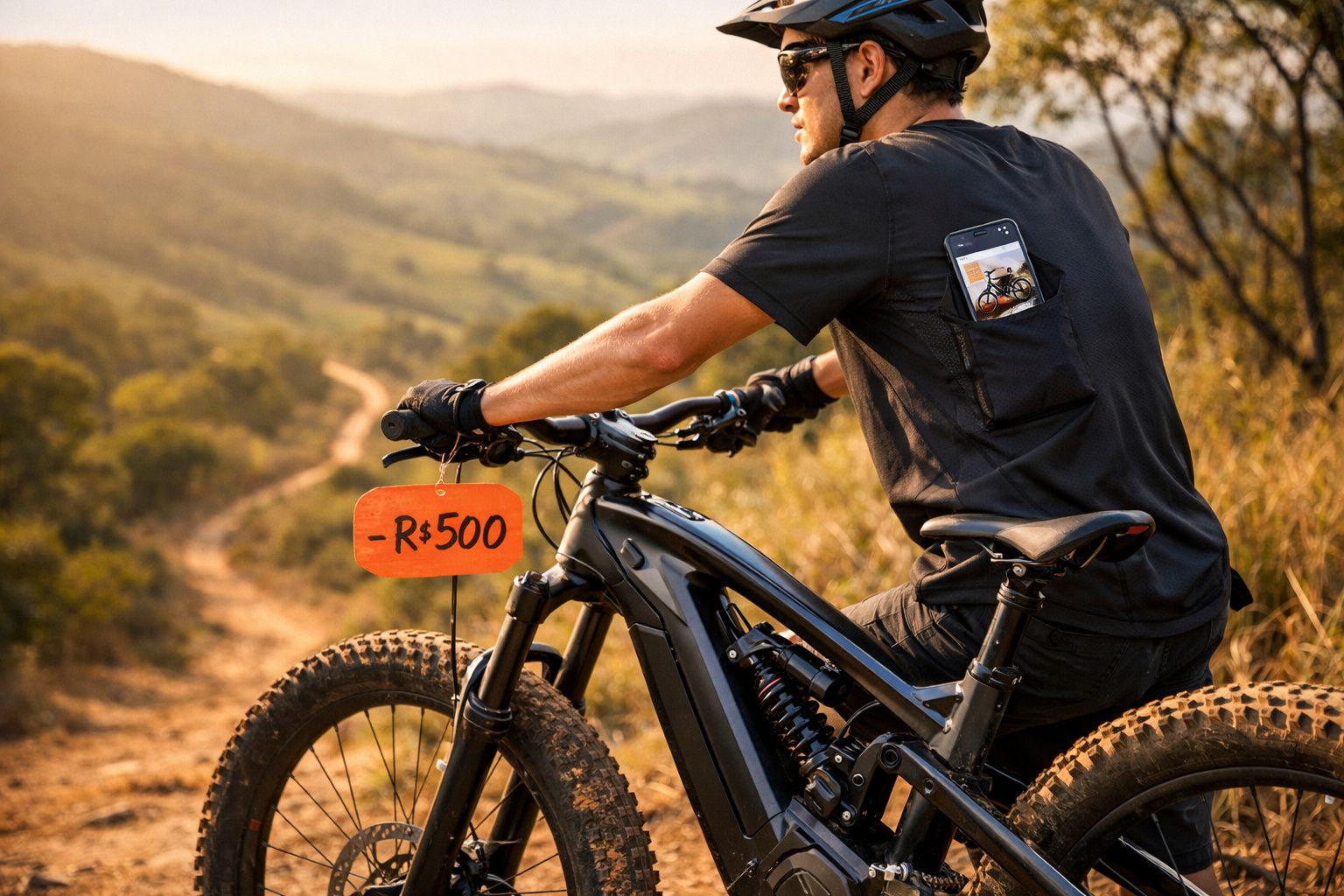 Homem de capacete sentado em bicicleta elétrica preta com placa de preço R$500 em trilha ao ar livre.