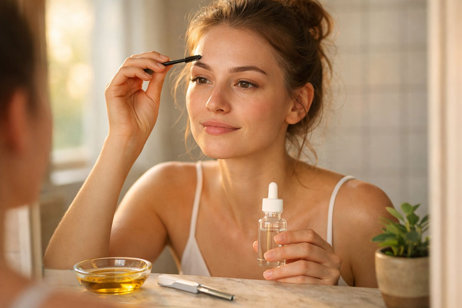 Mulher aplicando produto nas sobrancelhas em frente ao espelho em ambiente iluminado e acolhedor.