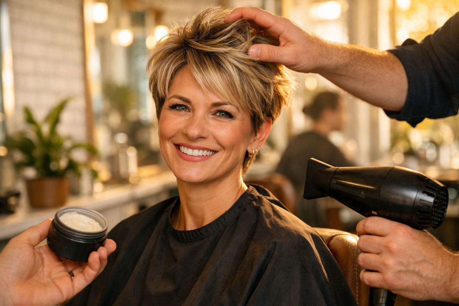 Mulher sorridente com cabelo curto sendo cuidada por cabeleireiro em salão de beleza.