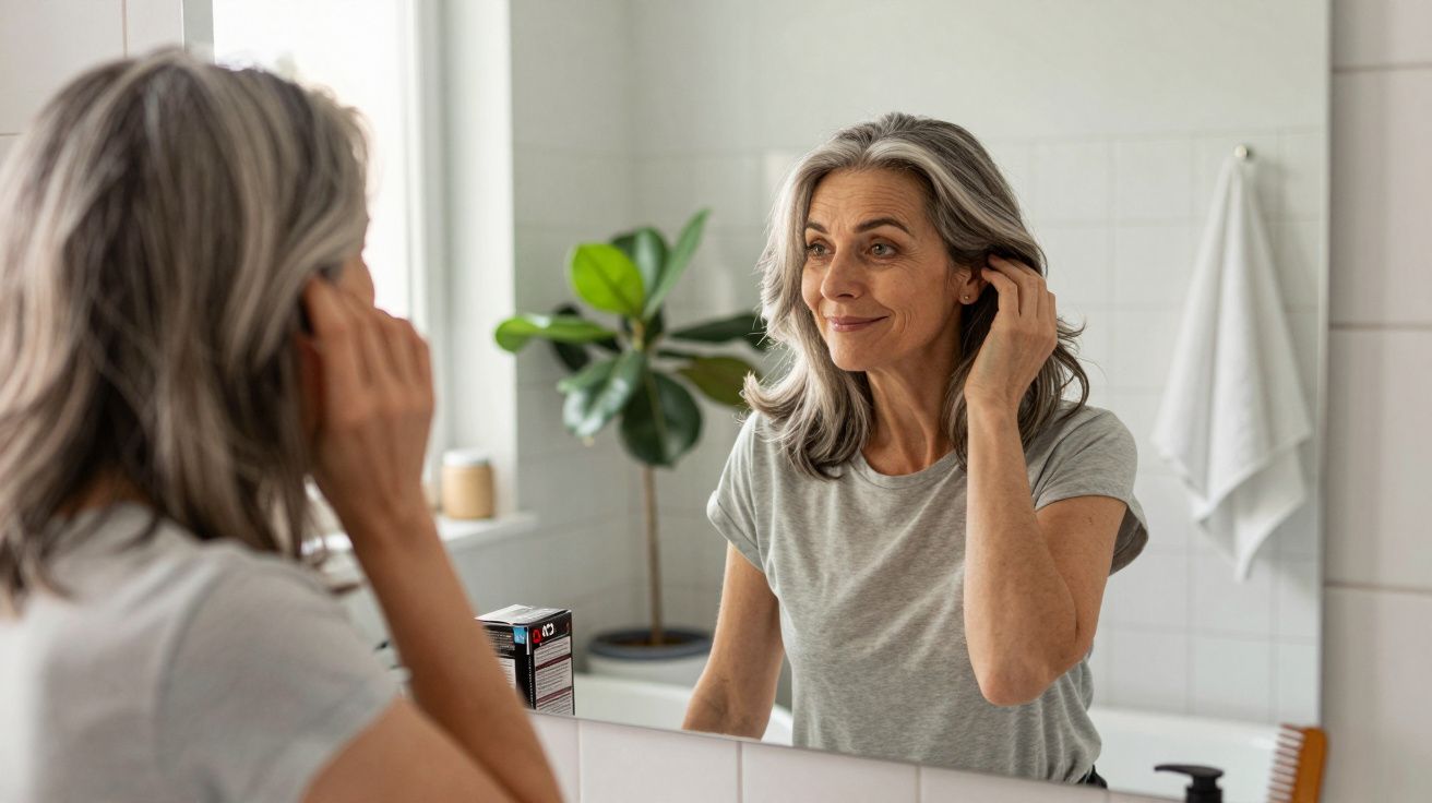 Mulher de cabelos grisalhos ajusta o cabelo enquanto se olha no espelho do banheiro.