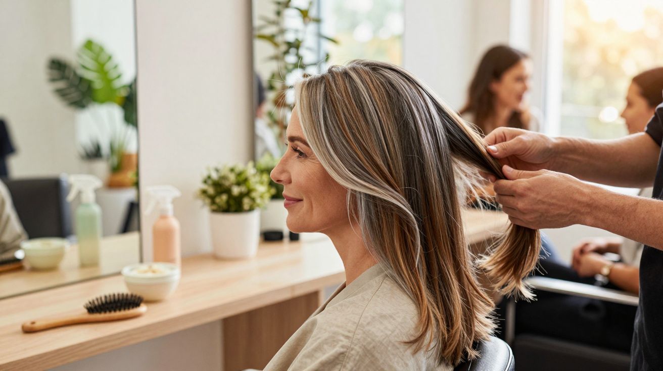 Mulher sorrindo enquanto cabeleireiro ajeita seu cabelo em salão moderno e iluminado.