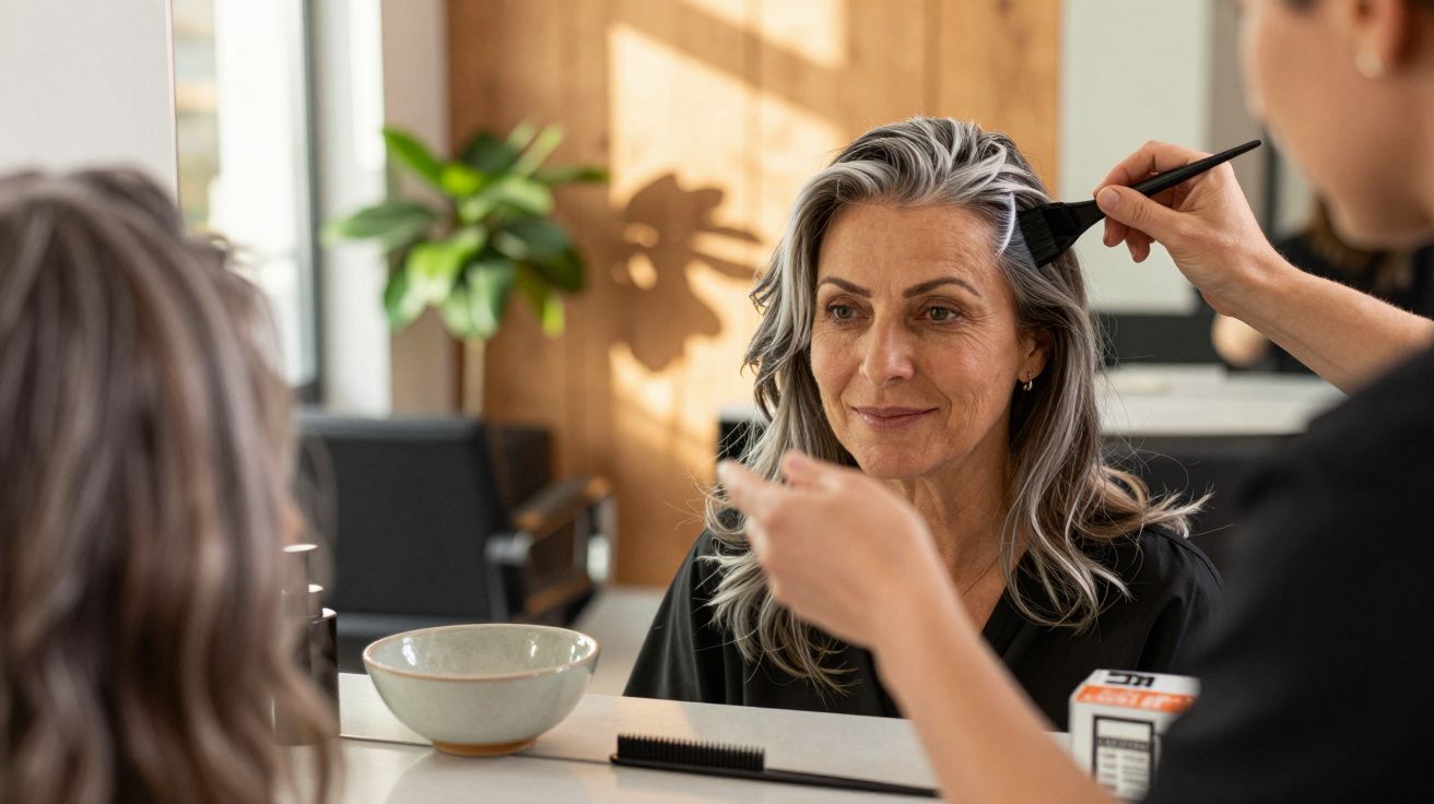 Mulher sorrindo sentada em frente ao espelho enquanto recebe coloração no cabelo em salão de beleza.