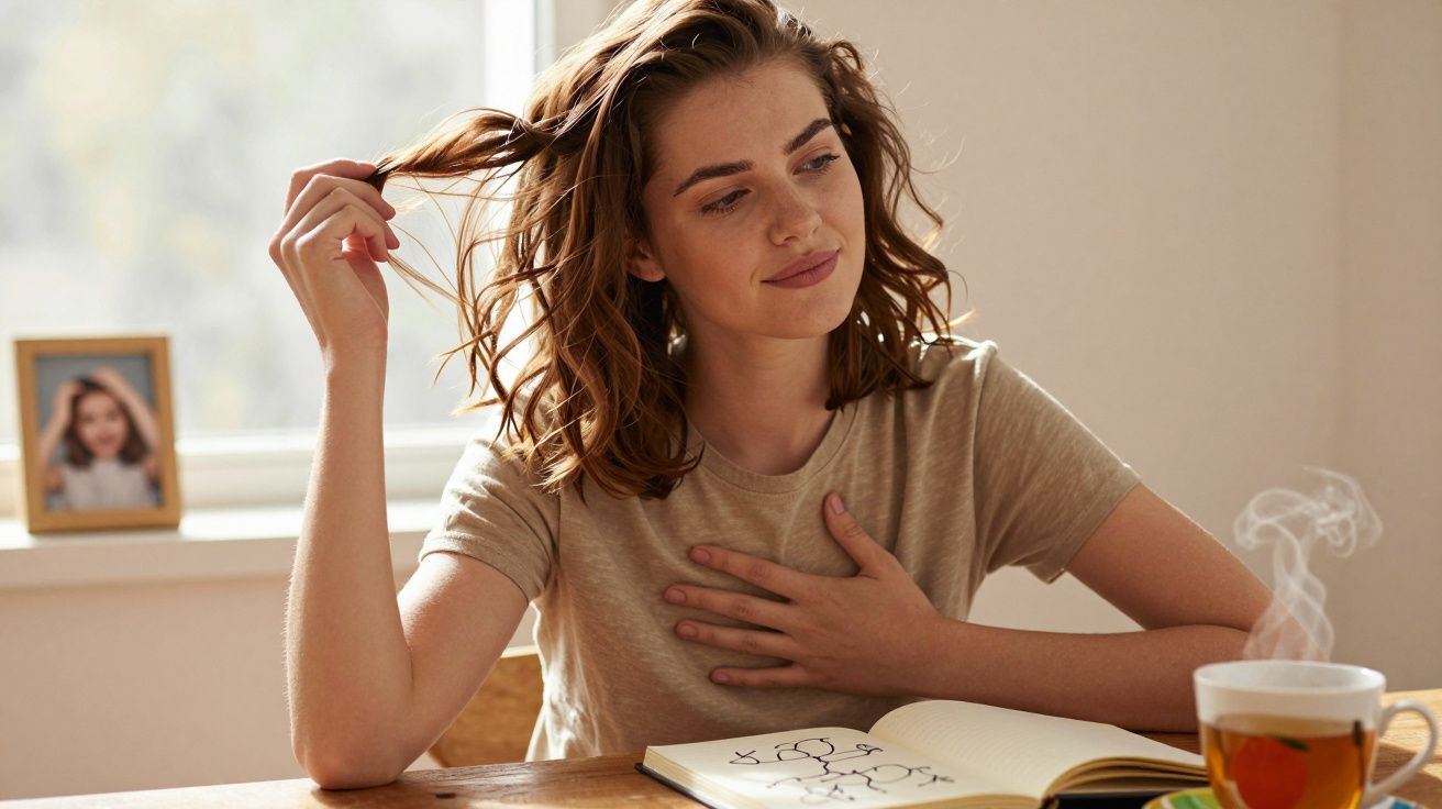 Jovem mulher pensativa segura o cabelo enquanto lê um livro com desenho químico, ao lado de xícara de chá fumegante.
