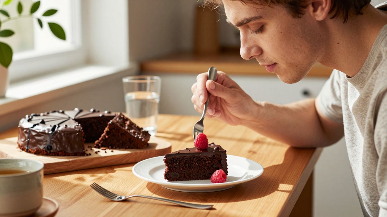 Jovem observa fatia de bolo de chocolate com framboesas em prato sobre mesa de madeira.