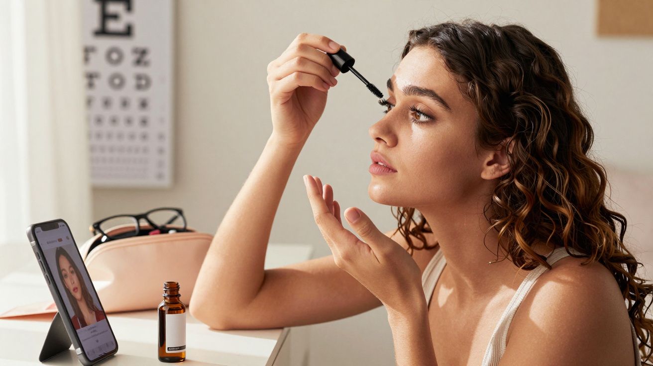 Jovem aplicando alongador de cílios enquanto assiste a tutorial de maquiagem pelo celular.