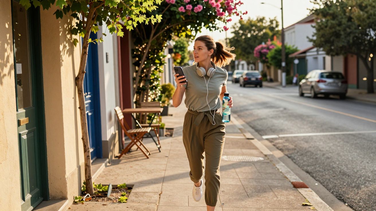 Mulher correndo na calçada urbana com fones de ouvido, segurando garrafa de água e celular.