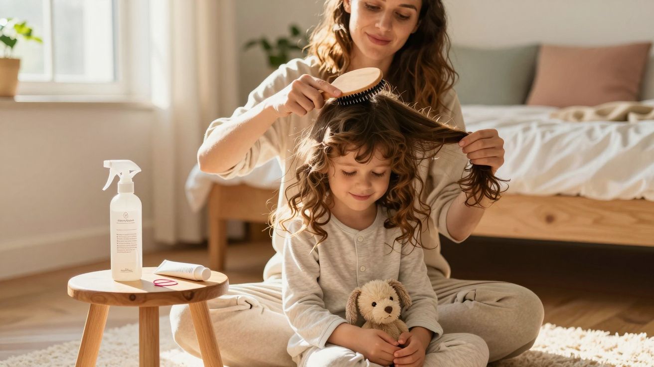 Mulher penteando cabelo de menina sentada no colo, que segura ursinho de pelúcia num quarto iluminado.