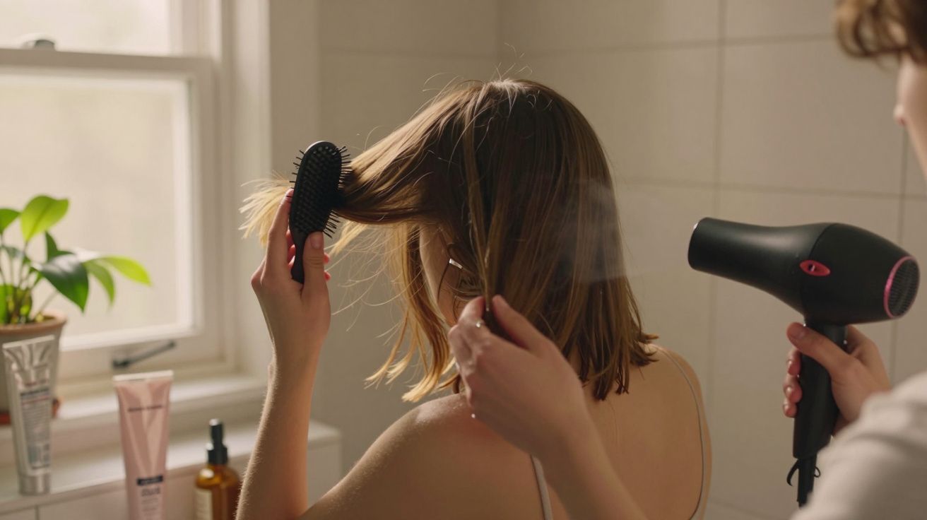 Pessoa secando e escovando cabelo castanho em banheiro iluminado com janela e plantas ao fundo.