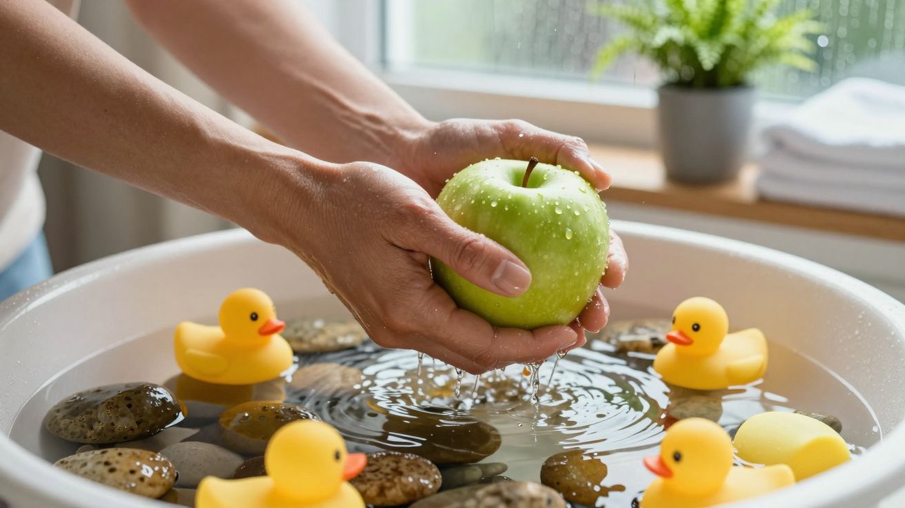 Mãos seguram maçã verde molhada sobre bacia com água, pedras e patinhos de borracha amarelos.