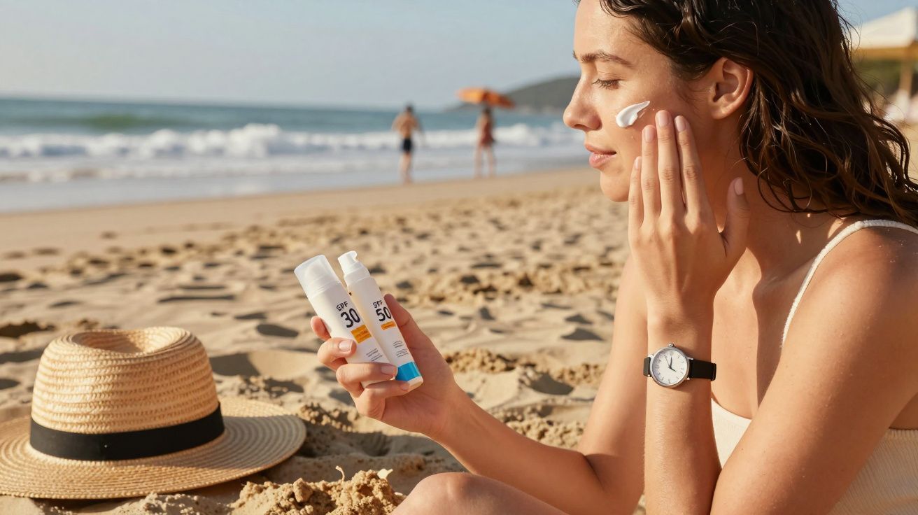 Mulher aplicando protetor solar no rosto na praia, com chapéu de palha ao lado na areia.