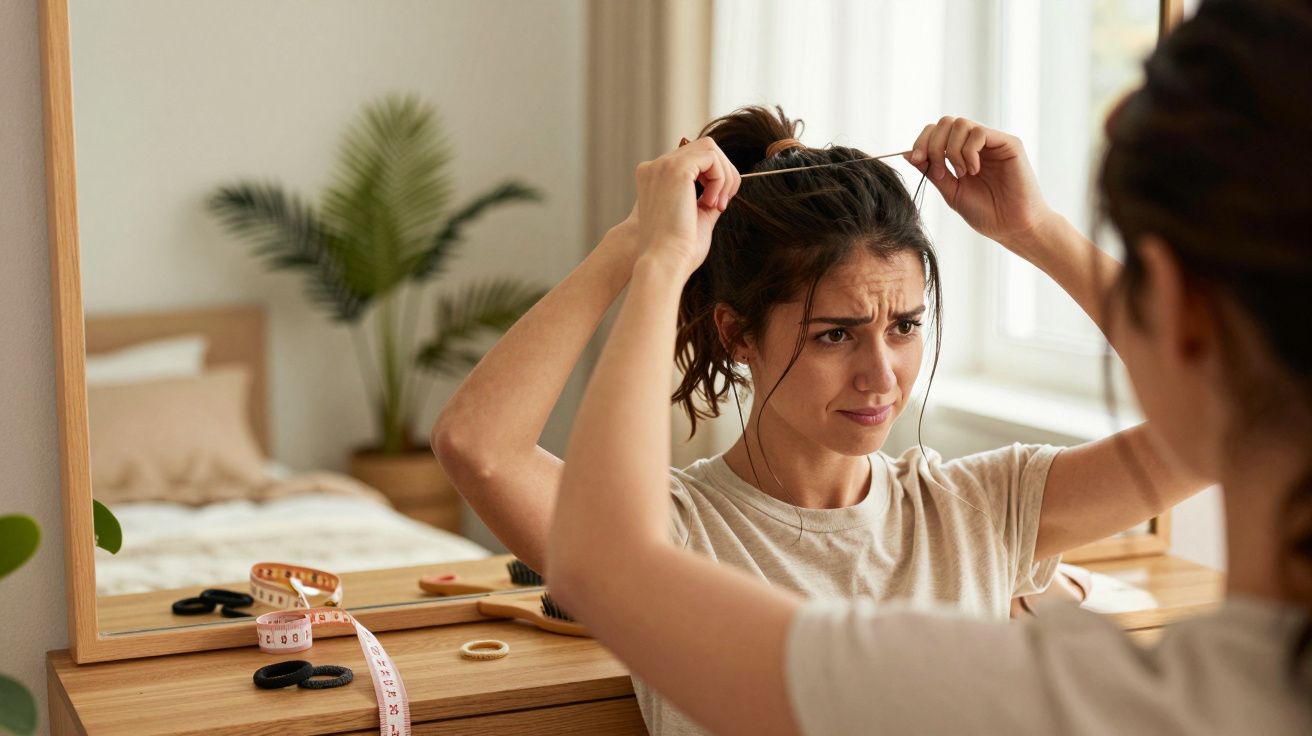 Mulher se olhando no espelho, tentando arrumar o cabelo com expressão preocupada em quarto iluminado.