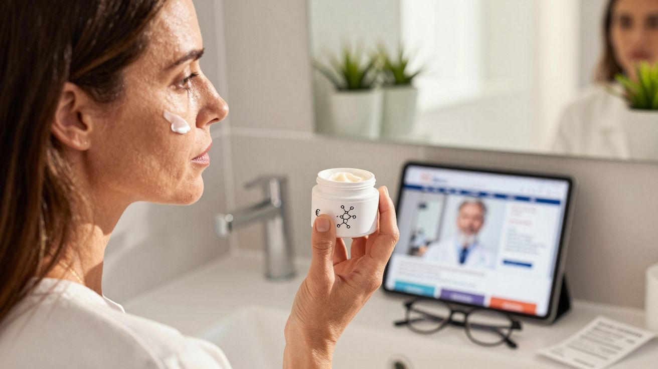 Mulher aplicando creme facial enquanto consulta dermatologista online em tablet no banheiro.