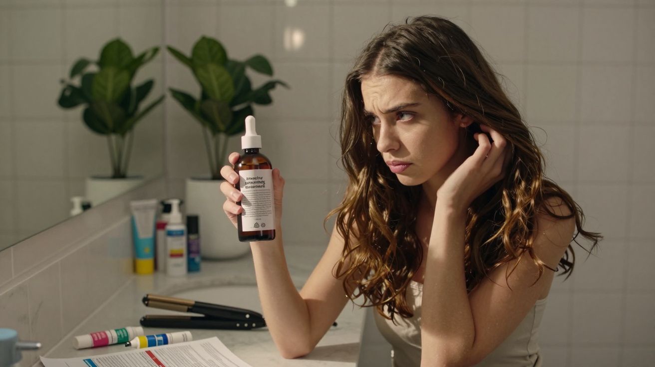 Mulher olhando para frasco de cosmético no banheiro com expressão preocupada e cabelo ondulado solto.