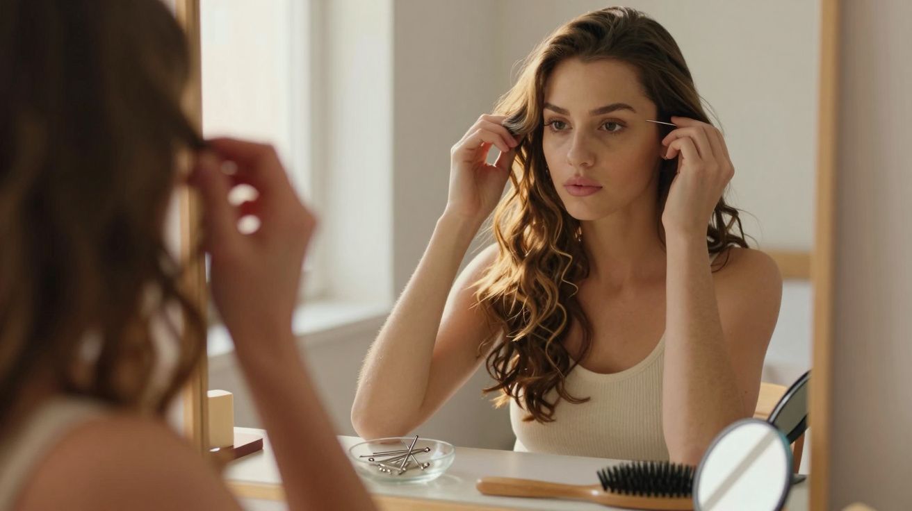 Mulher jovem penteando as sobrancelhas em frente ao espelho em ambiente claro e tranquilo.