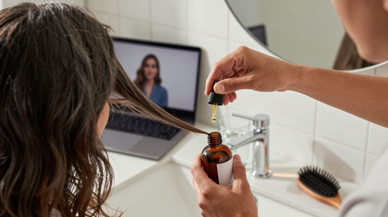Pessoa aplicando óleo capilar nos cabelos enquanto assiste tutorial no notebook na pia do banheiro.