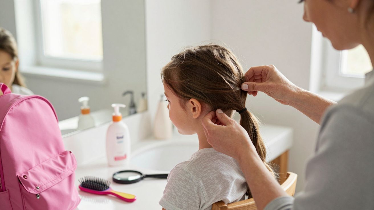 Adulto prendendo cabelo de menina sentada em banheiro, com mochila rosa e itens de higiene no balcão.