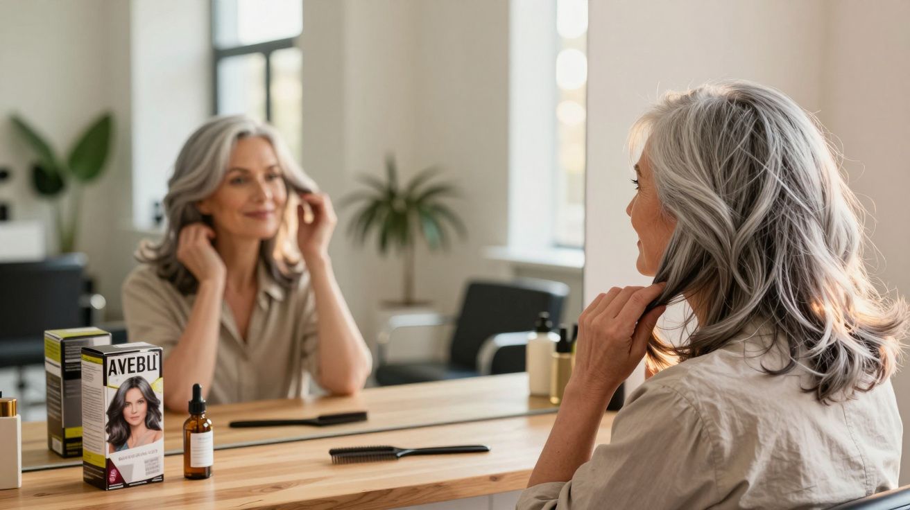 Mulher madura com cabelo grisalho observa reflexo no espelho enquanto ajeita os fios em penteadeira.