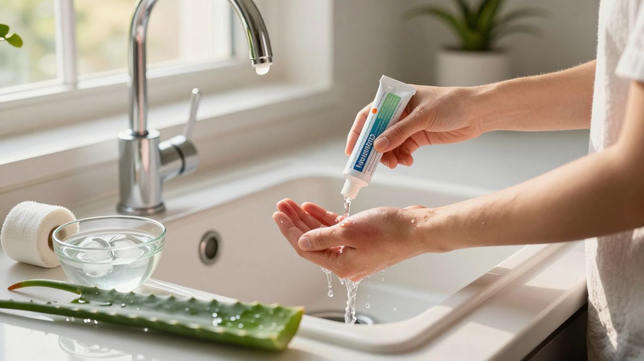 Pessoa aplicando gel hidratante nas mãos ao lado de uma pia com planta de aloe vera e uma tigela de gelo.