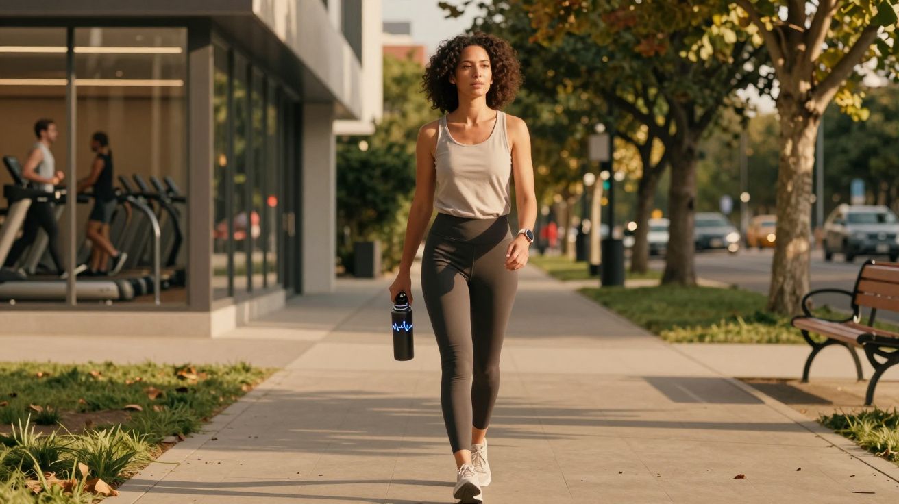 Mulher caminhando na calçada de dia, segurando garrafa esportiva, com academia ao fundo.