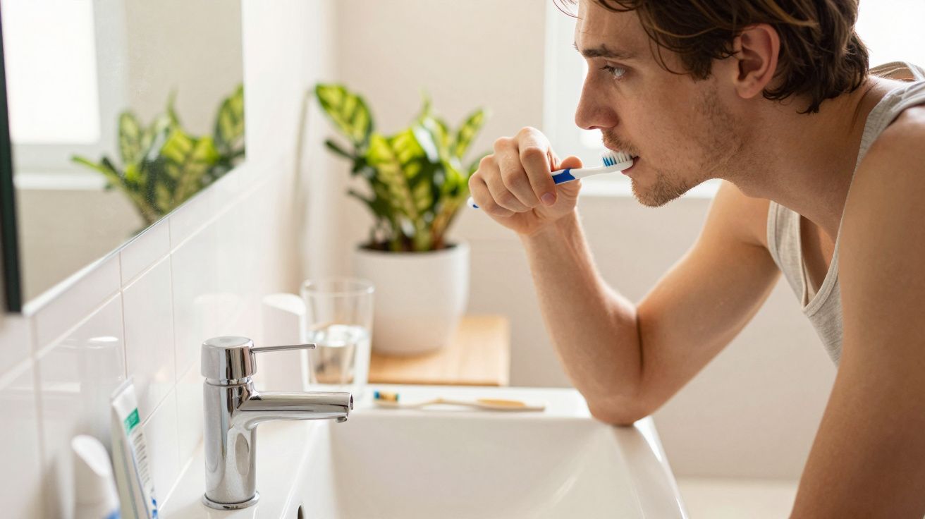 Homem vestido com regata escova os dentes em uma pia branca em banheiro iluminado.