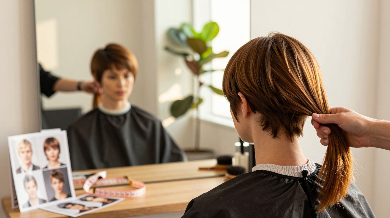 Mulher com cabelo preso sendo atendida por cabeleireiro em salão com espelho e catálogo de cortes.