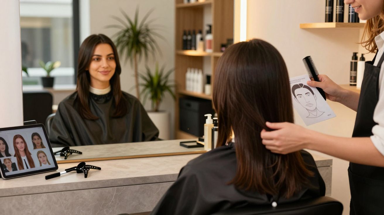 Mulher no salão de beleza consultando penteado com cabeleireira e imagens de cortes no tablet.