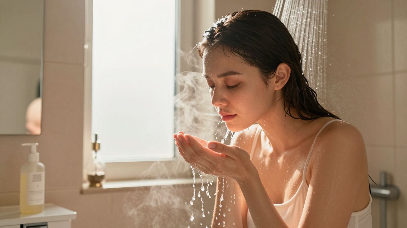 Mulher lavando o rosto com vapor quente em banheiro iluminado por janela.