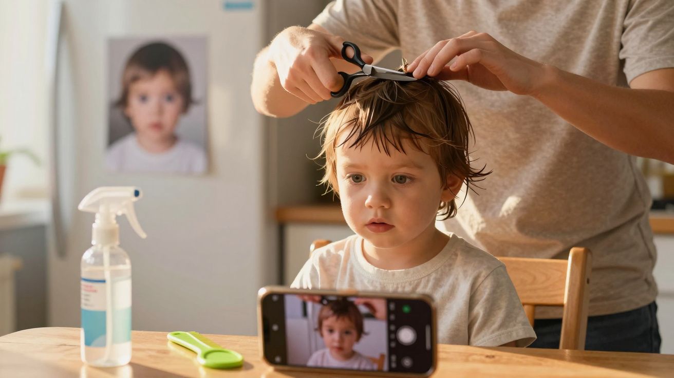 Criança sentada recebendo corte de cabelo enquanto assiste a vídeo no celular apoiado sobre a mesa.
