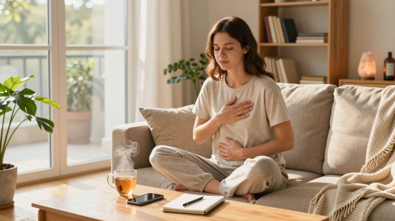 Mulher sentada no sofá, fazendo respiração profunda, com chá e caderno na mesa de centro.
